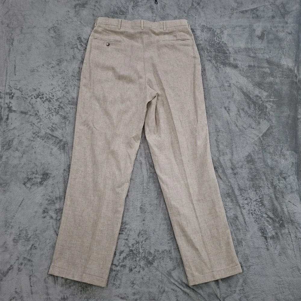 VTG Men's Beige Linen Blend Pants 36x32 Delave Pleated Cuffed Dress Straight Leg